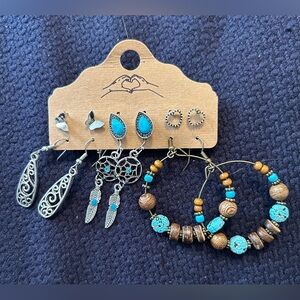 Boho Hoops, Turquoise & Silver Dangle & Post Earrings Set